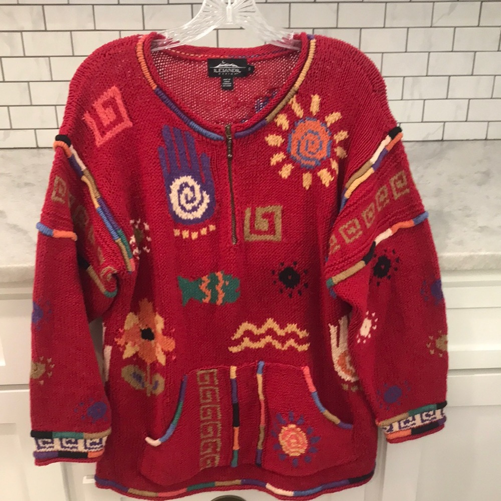 Icelandic Sweater Womens Small Red Hippie Bohemian Aztec Cardigan Artsy
